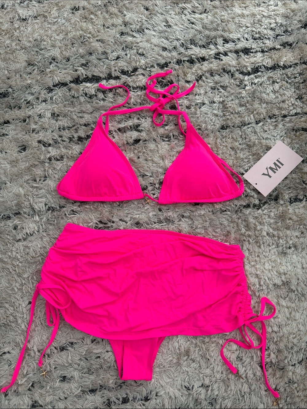 YMI Neon Pink Triangle Bikini with Skirted Bottom